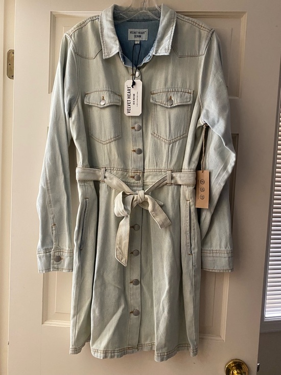 Velvet Heart Dresses & Skirts - Velvet Heart Light Blue Washed Denim Belted Jacket Dress